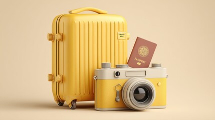 A vibrant yellow suitcase is accompanied by a retro camera and a passport, portraying the excitement of travel preparations. The warm tones suggest a sunny getaway.