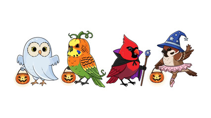 Halloween Characters Parade: Adorable cartoon characters ready for trick-or-treating, each dressed in imaginative and whimsical costumes, evoke the fun and spookiness of Halloween. 