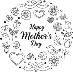Happy Mother's Day Floral Circle, Black and White Vector Illustration with Hearts, Flowers, and Ribbon Elements