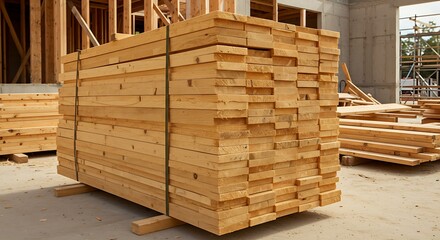 Stack of lumber on construction site ready for building project