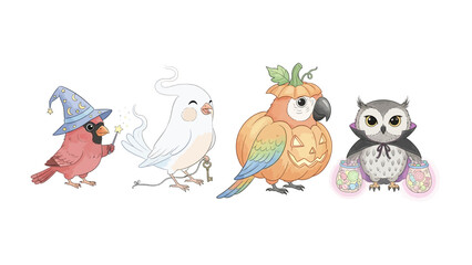 Whimsical Halloween Bird Ensemble: A delightful illustration of four charming birds adorned in whimsical Halloween costumes. Each bird's unique design creates a playful and enchanting scene.