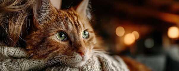 Close-up of a serene orange cat with bright green eyes in soft lighting
