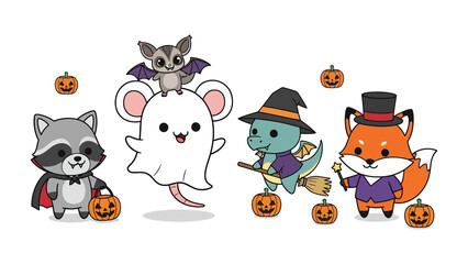 Halloween Critters' Parade: A whimsical collection of adorable, costumed animals, each embracing the festive spirit of Halloween with pumpkins and spells.