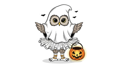 Halloween Owl: A charming owl dons a ghost costume and tutu, holding a jack-o'-lantern, perfectly encapsulating the spirit of Halloween