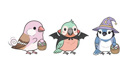 Whimsical Bird Trio: Three charming illustrated birds, adorned in Halloween-themed costumes, each carry small baskets of eggs, creating a playful and festive scene. 