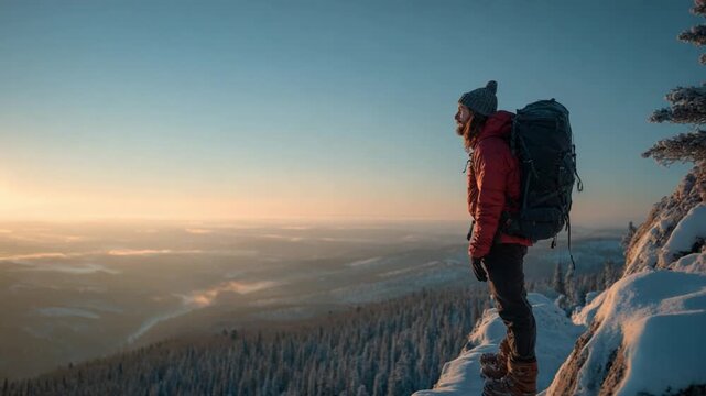 Adventure's Vista: A lone hiker, poised on a snowy precipice, pauses to absorb the breathtaking panorama, embodying solitude, exploration, and the profound connection with nature's sublime beauty.