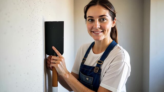 Young Woman in Overalls Engaged in Home Renovation Project Fixing Walls with Trowel and Displaying Confidence and Skillful Techniques