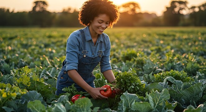 Smiling woman farmer harvesting fresh vegetables in a sunlit field at sunset