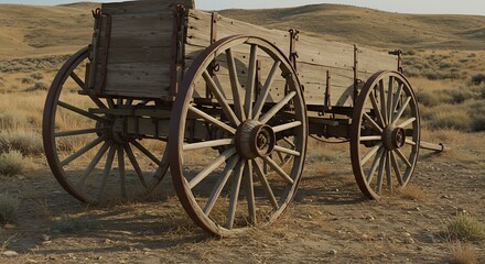 Vintage wooden wagon on dry landscape against sky