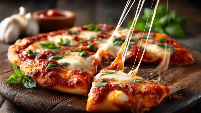 A slice of cheesy pizza, pulled with long strings of melted mozzarella, sits on a wooden board with basil