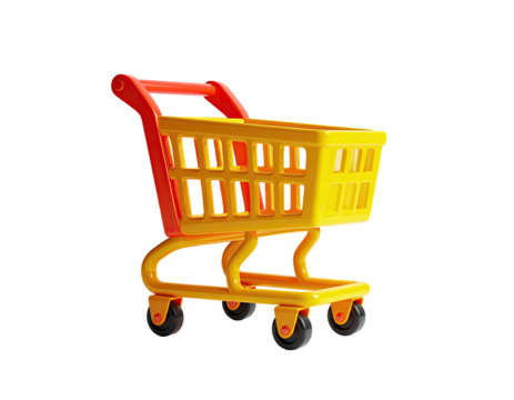 3D rendered vibrant shopping cart with red handle, on black background