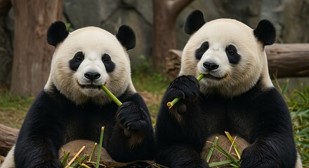 Obraz premium Two giant pandas enjoying bamboo vegetation in natural habitat close up
