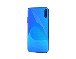 Phone back, glossy blue, single-camera cutout, angled, on black background