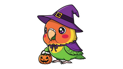 Spooky Parrot Halloween Costume: An adorable parrot dons a witch's hat and cape, holding a carved pumpkin, perfect for a spooky Halloween celebration.