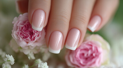 french manicure with rose flowers.