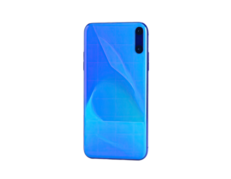 Phone back, glossy blue, single-camera cutout, angled, on black background