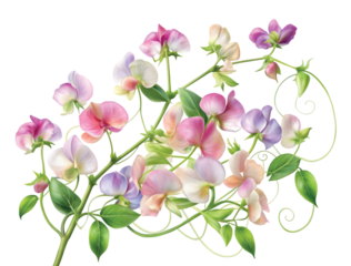 Sweet Pea Vine: A climbing vine with pastel-colored sweet pea flowers, photorealistic PNG.