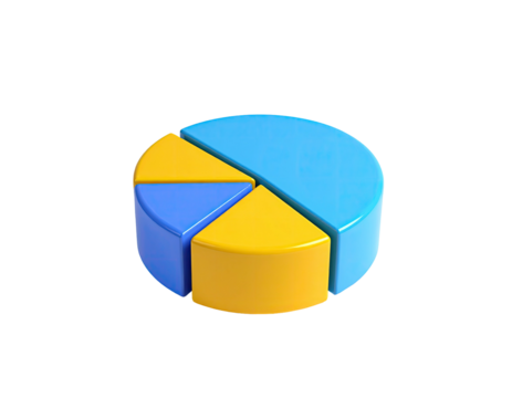 A 3D rendered pie chart displays data percentages with colorful segments