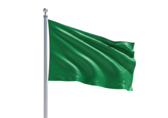 Isolated shiny green flag on a flagpole waving in the wind against cloudless sky