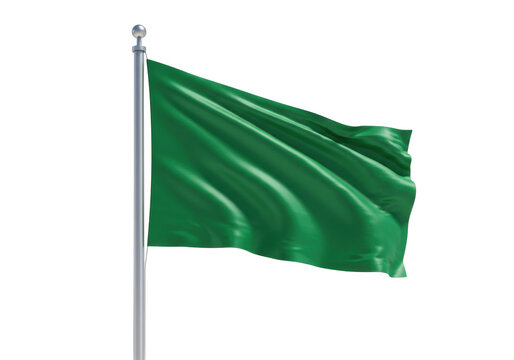 Isolated shiny green flag on a flagpole waving in the wind against cloudless sky