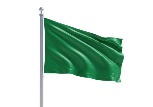 Isolated shiny green flag on a flagpole waving in the wind against cloudless sky