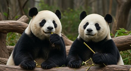 Two giant pandas resting and eating bamboo on wooden branches