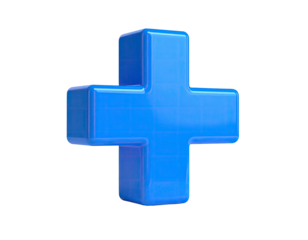 A bright, glossy, 3D blue plus sign floating against a stark black background