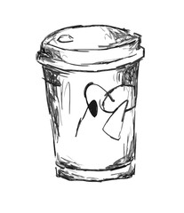 A plastic cup in black and gray tones, a pencil sketch drawing on a white background