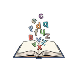 Colorful letters floating out of an open book on white surface, representing education and learning with a playful and creative theme.