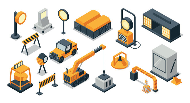 Construction equipment set in isometric style with urban elements and tools