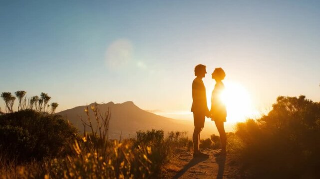 Romantic Rendezvous: A silhouette of a couple standing against a breathtaking sunset backdrop, their embrace embodying love and connection, as they share a tender moment.