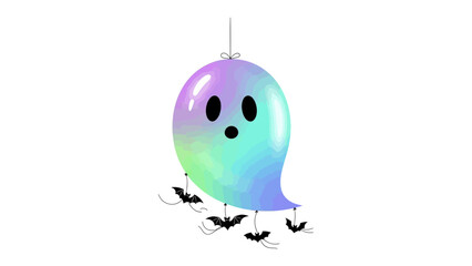 Hallowen Ghost Decoration: A whimsical illustration of a spectral ghost adorned with spooky bat decorations, captured in a vibrant, artistic style.