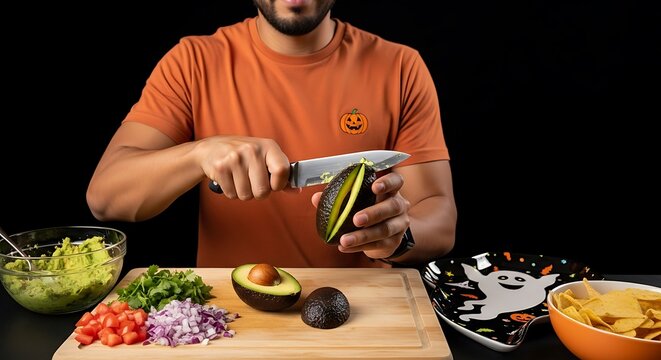 Man slicing avocado on a wooden board with ingredients around. - Powered by Adobe