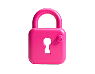 A glossy pink padlock, isolated against a stark black background