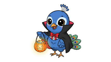 Peacock-themed Halloween Costume: A charming peacock in a vampire costume carries a Halloween treat bucket, offering a whimsical and lighthearted visual perfect for festive designs.