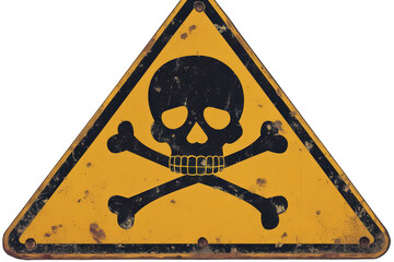 Grungy Triangle Warning Sign Featuring Black Skull and Crossbones on Yellow Background Depicting Danger Hazard Death Symbol on Transparent Backdrop