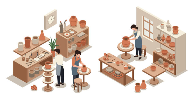 Creative pottery workshop with people crafting clay in isometric style
