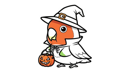 Halloween Parrot in Costume: A charming parrot dressed in a witch's hat and costume, holding a pumpkin basket for trick-or-treating. It's a fun and whimsical illustration of Halloween spirit!