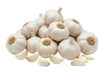 Isolated pile of garlic bulbs and loose cloves close-up on seamless background, aromatic herb