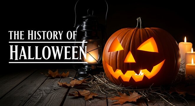 A halloween scene featuring a jack o lantern, candles, a lantern, and fall leaves on a wooden surface - Powered by Adobe