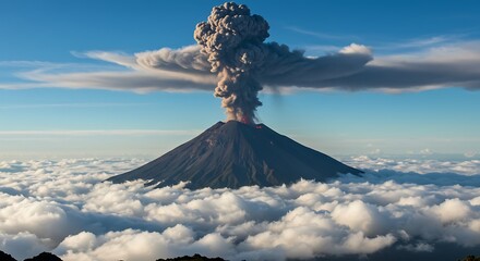 Volcanic eruption with ash cloud above the clouds in bright sunlight