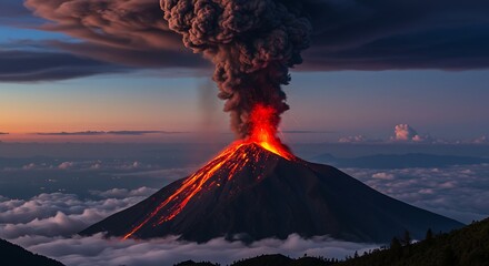 Volcanic eruption at sunset dramatic landscape of fire and smoke