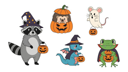 Halloween Costume Celebration: A collection of whimsical animals, each adorned in enchanting costumes, gather for a Halloween celebration.