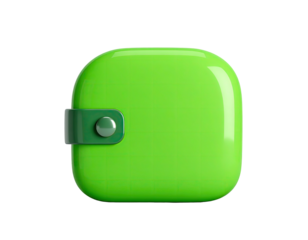 Shiny, green wallet with a rounded square design and a clasp