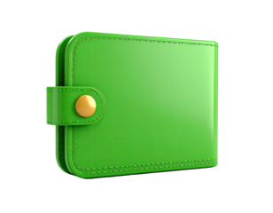 Bright green leather wallet with gold snap, isolated on a black background