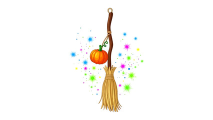 Enchanted Broom: An illustrated broom adorned with a pumpkin, evoking the spirit of Halloween and magic, perfect for whimsical storytelling and seasonal designs.