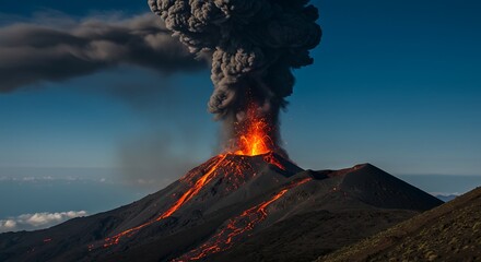 Volcanic eruption with flowing lava and smoke against a clear blue sky