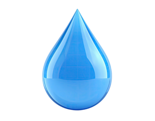 Shiny, translucent blue water droplet against a solid black background