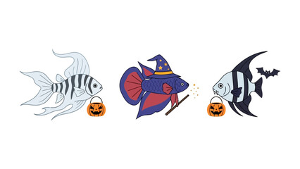  Halloween Fish Party: An ensemble of three whimsical cartoon fish is adorned in Halloween-themed accessories. They celebrate in the scene.