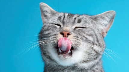 A playful gray tabby cat with its eyes closed is licking its lips joyfully against a vibrant blue backdrop showcasing its content demeanor and fluffy fur.
